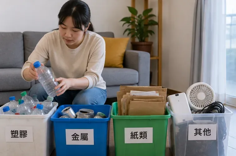 住家內將塑膠瓶、金屬罐、紙類與其他可回收物分開整理的畫面