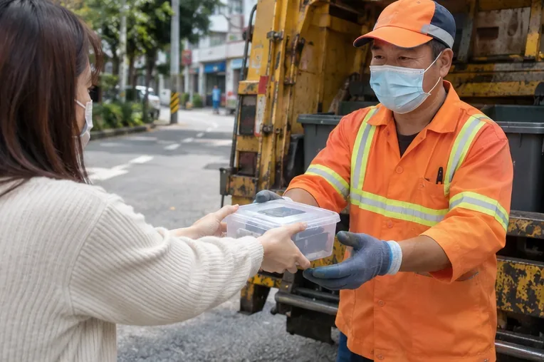 民眾在路邊將裝有廢電池的透明容器直接交給穿反光制服的資源回收人員