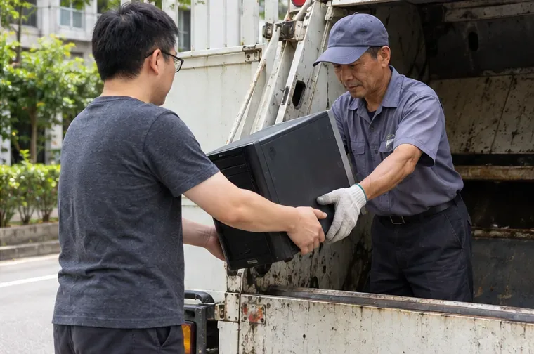 民眾在回收車旁把完整電腦主機交給工作人員