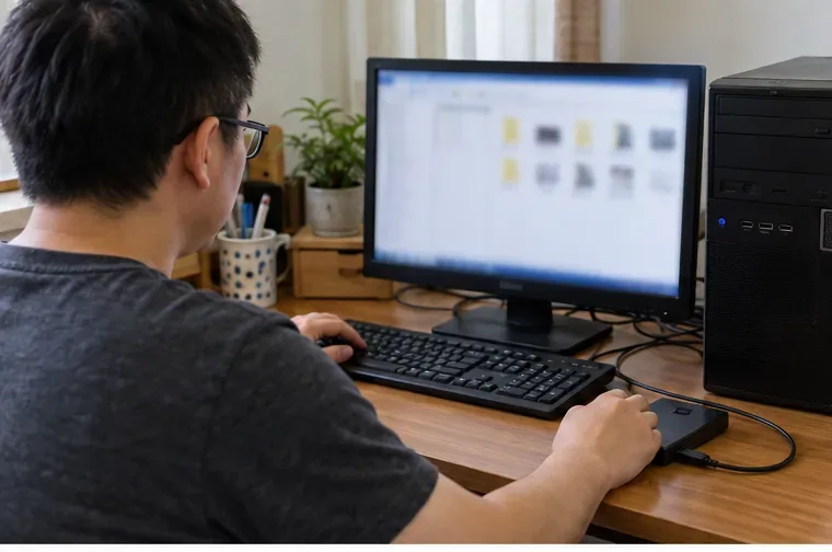 住家書桌前的人查看桌上型電腦與外接儲存裝置