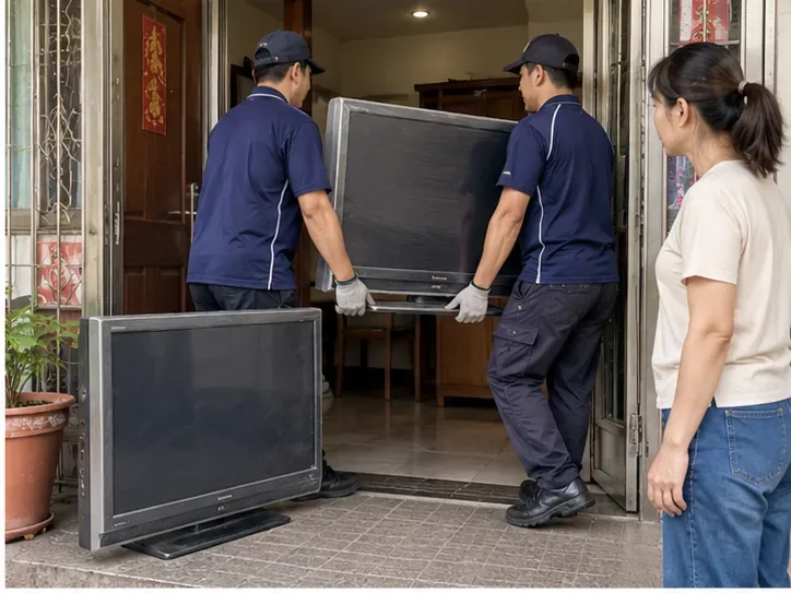 兩名家電配送人員在住宅門口搬運電視，旁邊另有一台等待回收的舊電視