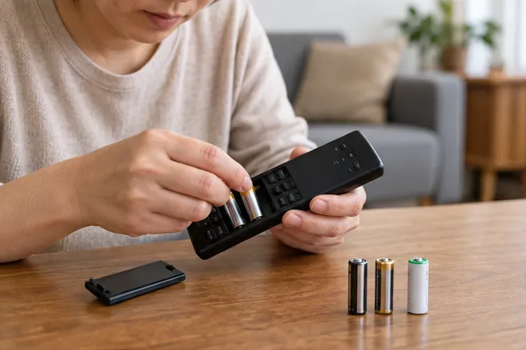 一名民眾從遙控器取出電池，桌面上另有幾顆圓柱型電池。