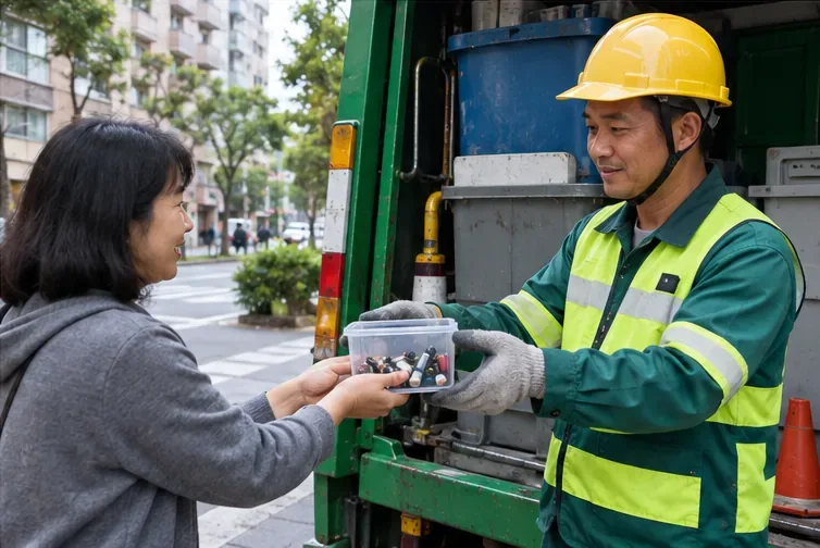 一名民眾將裝有電池的透明盒交給資源回收車旁的清潔隊員。