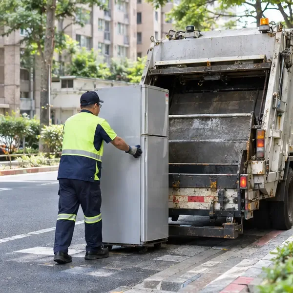 清運人員在住宅街道將冰箱移至回收車旁的交付位置