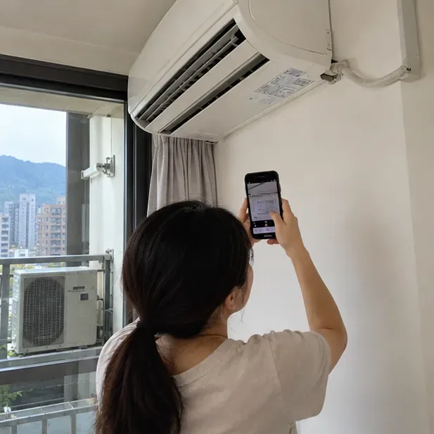 租屋處的住戶用手機拍下室內機與陽台外機，先確認冷氣型式、位置與數量。
