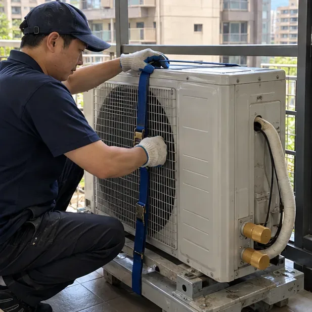 冷氣技術人員在陽台處理室外機；分離式冷氣拆機應先確認由合格專業人員處理。