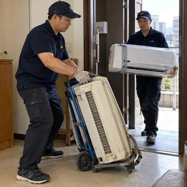 搬運人員在住家門口搬運舊冷氣；購買新機時，先向販售業者確認逆向回收安排。