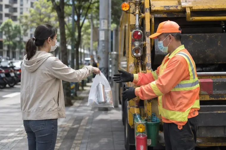 居民在街邊清運車旁將分開包裝的空噴霧罐交給穿反光背心的清潔人員