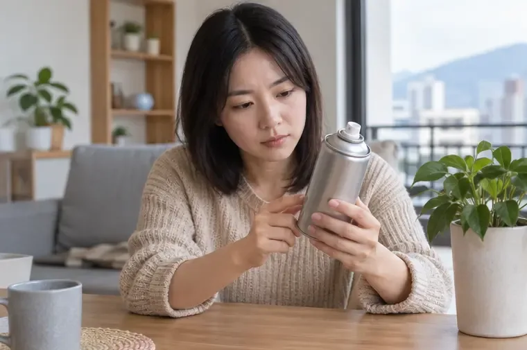 住家桌面上一名居民查看無品牌噴霧罐上的產品資訊