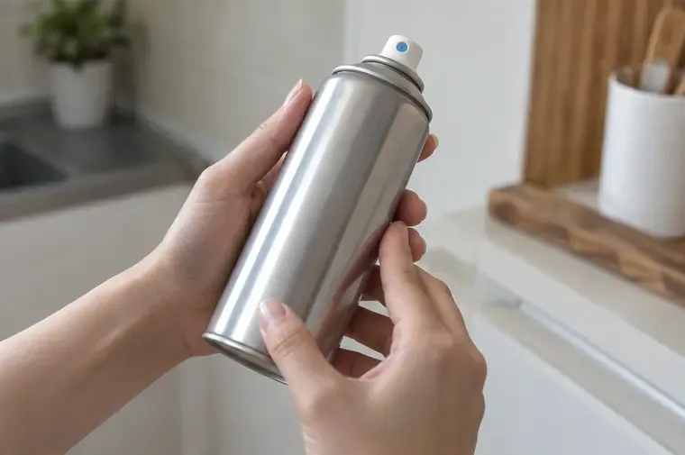 雙手目視檢查完整的無品牌金屬噴霧罐外觀與噴頭