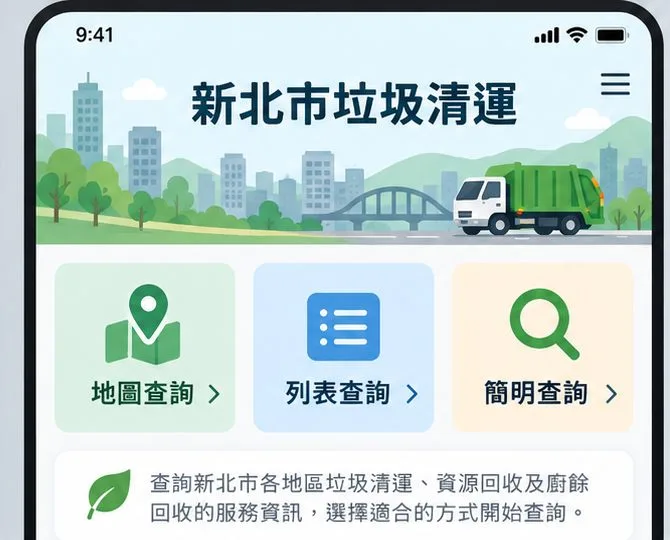 手機畫面顯示新北市垃圾清運網站的地圖查詢、列表查詢與簡明查詢三種入口
