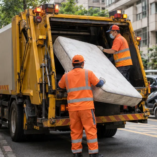 穿著橘色反光制服的清運人員把大型床墊裝入垃圾清運車後方