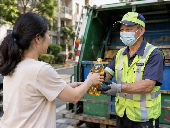 居民把裝瓶密封的廢食用油交給資源回收車旁的清潔人員