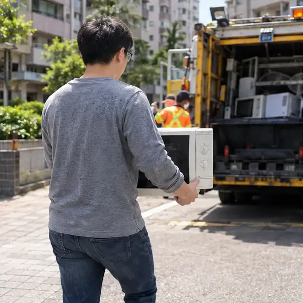 民眾雙手抱著微波爐，準備在住家附近的回收車旁交付