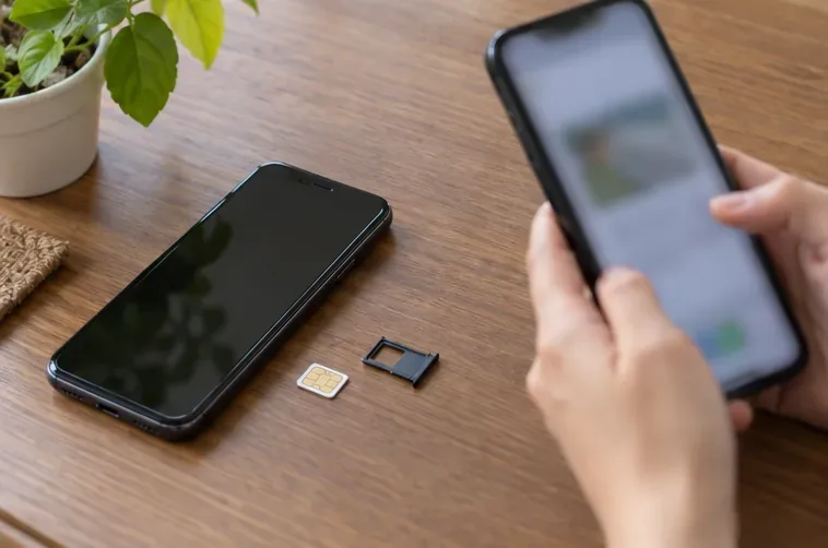 桌上有舊手機、取出的 SIM 卡和卡托，另一支手機正在查詢模糊的資訊畫面