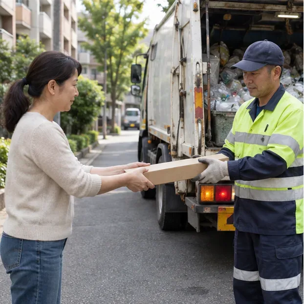 住戶將紙套包好的日光燈管直接交給路線回收車旁的工作人員