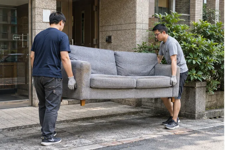 兩人戴著手套把大型灰色沙發從住宅入口搬到室外，示意住戶需自行處理室內到指定放置點的搬運