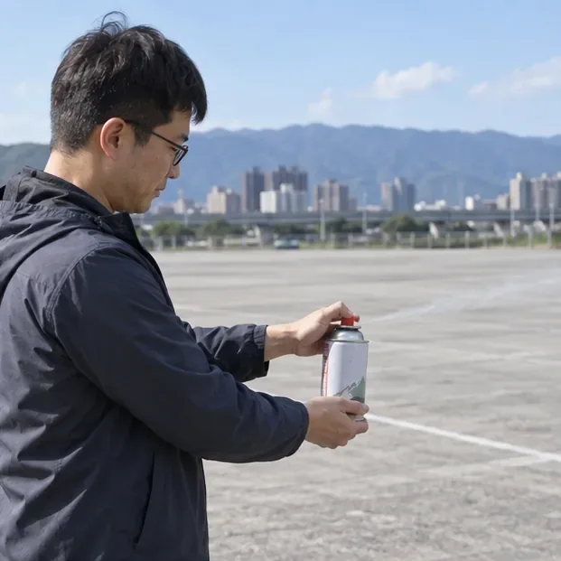 人在戶外空曠處以罐體噴嘴排出殘氣，周圍沒有明火或人群。