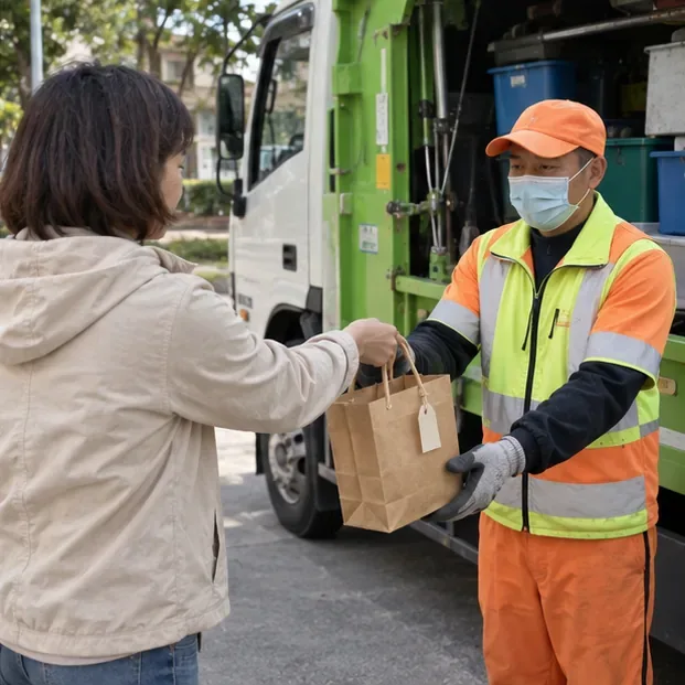 住戶將獨立包裝的小型瓦斯罐交給社區資源回收車工作人員。