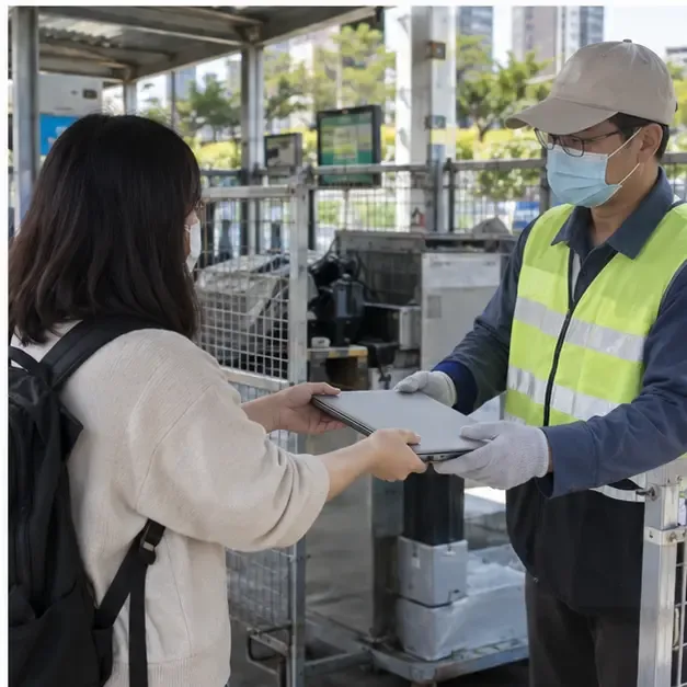 民眾在乾淨的電子設備回收區將筆電交給戴手套的回收工作人員
