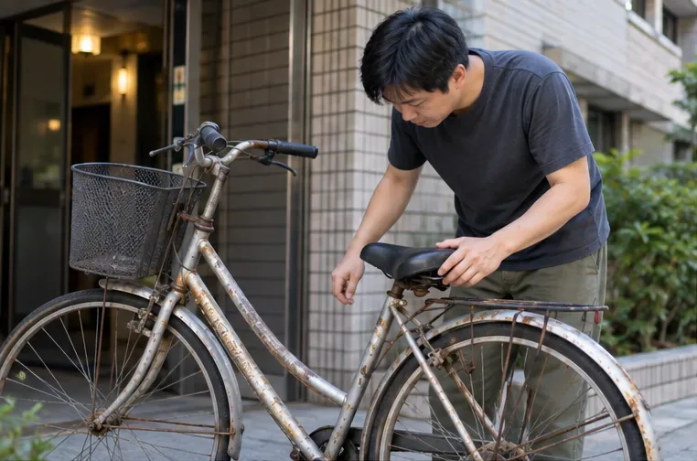 住戶在住宅前檢查一輛生鏽舊腳踏車，確認車況與是否仍值得修理或轉送