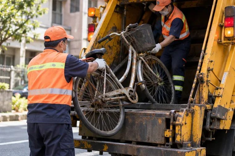 清運人員將廢棄腳踏車搬上清運車，完成大型金屬回收作業