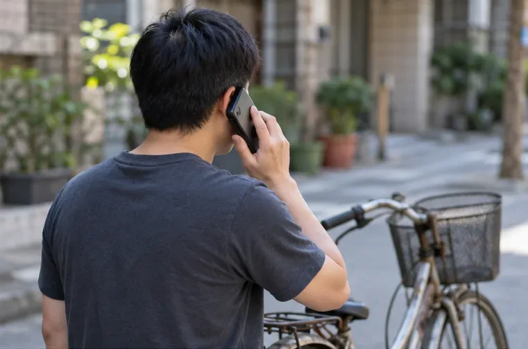 住戶在舊腳踏車旁使用手機聯絡清潔隊，準備預約廢棄自行車清運