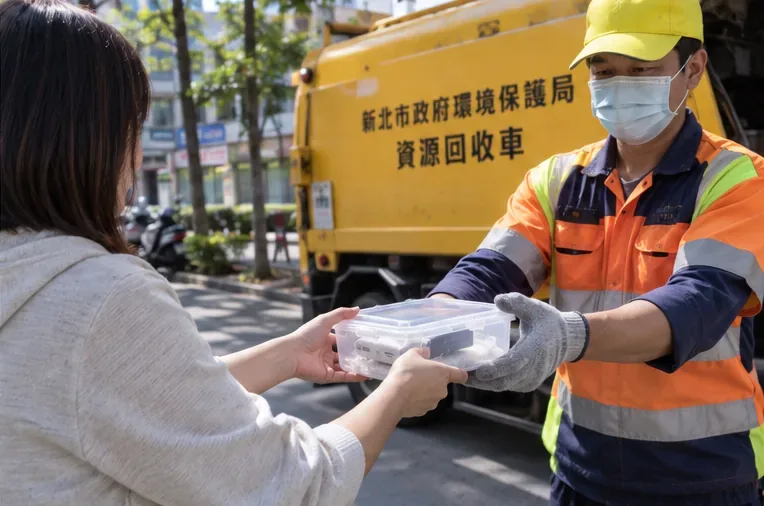 民眾將裝有廢行動電源的容器交給資源回收車旁的清潔人員