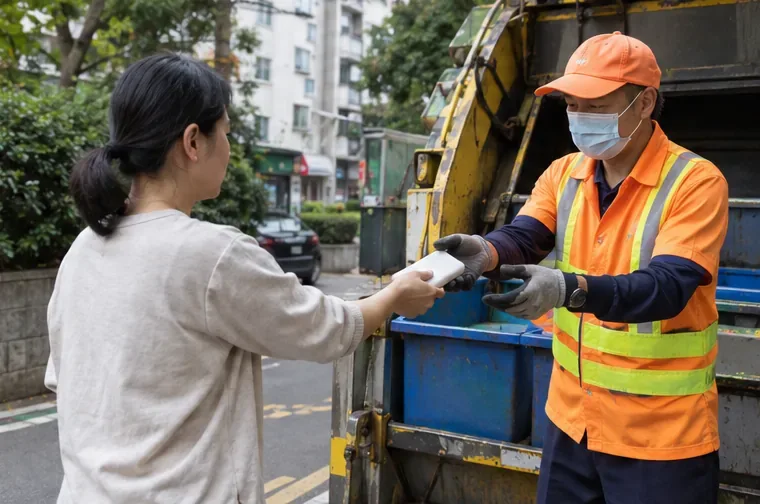 民眾在街邊將完整的白色行動電源單獨交給穿反光背心的資源回收工作人員