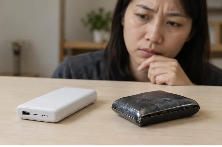 桌面上分開放著完整的白色行動電源與外殼明顯鼓起的黑色行動電源