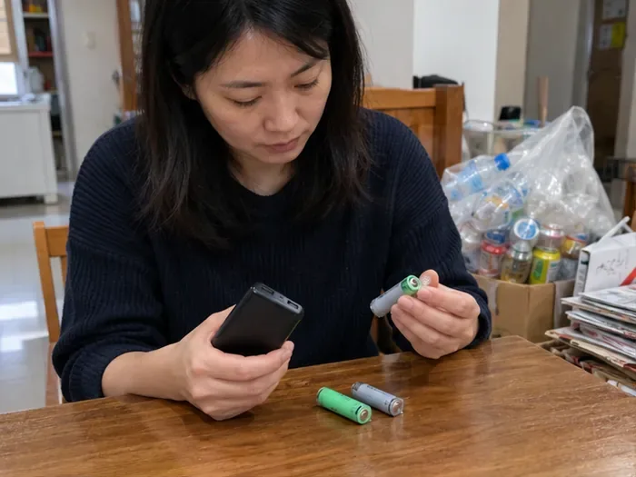 女子在木桌旁查看黑色行動電源和兩顆圓柱形電池，紙類與瓶罐放在後方。