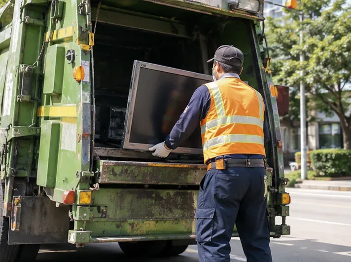 穿著反光背心的清運人員把舊平面電視搬上綠色資源回收車，示意完成合法回收清運