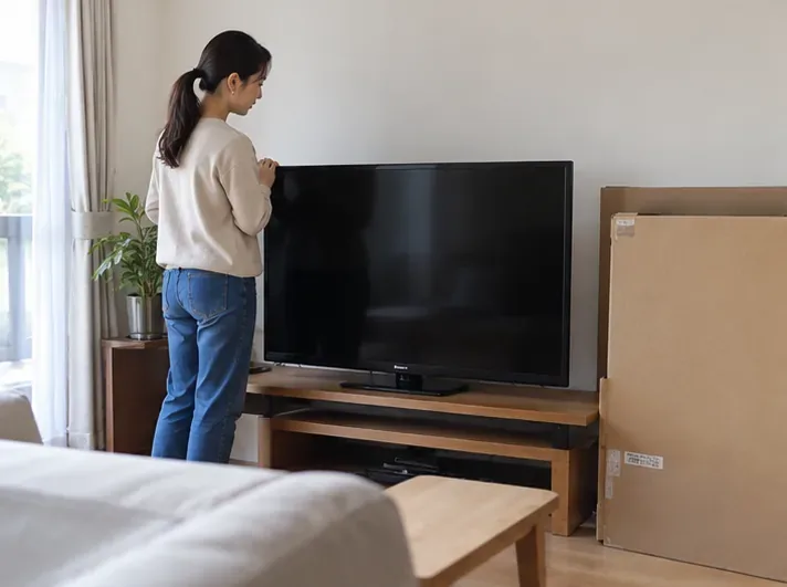 住家客廳中的舊液晶電視與新機紙箱，示意先確認是否屬於換新回收情境
