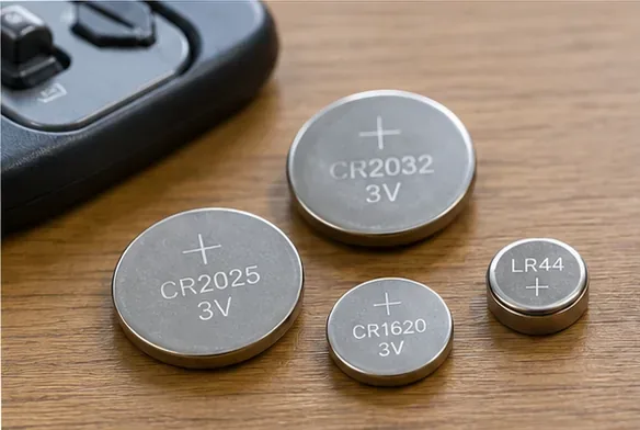 木の机にCR2032やCR2025、CR1620、LR44などの丸い小型電池が並び、型番を確認できる様子