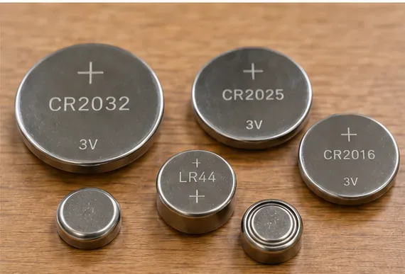 木の机にCR2032、CR2025、CR2016、LR44など複数の丸い小型電池が並んでいる様子
