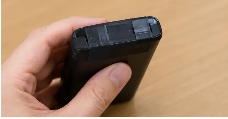 黒いモバイルバッテリーの端子部分が外側からテープで保護された状態を手で確認している様子
