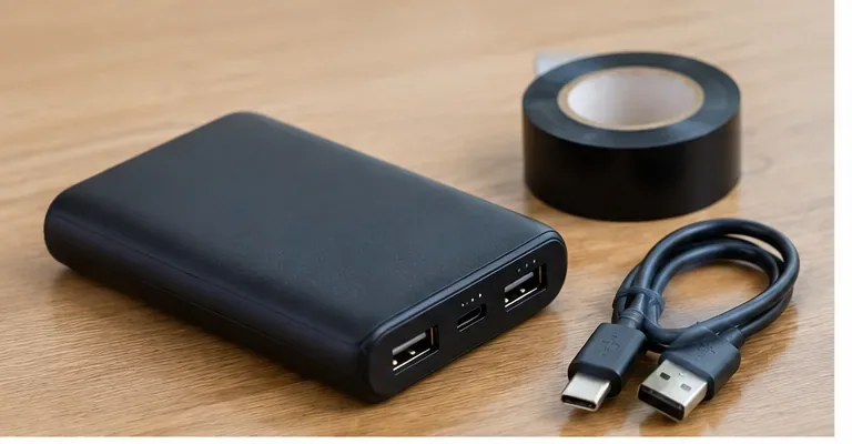 黒いモバイルバッテリーとUSBケーブル、絶縁テープが木のテーブルに置かれている様子