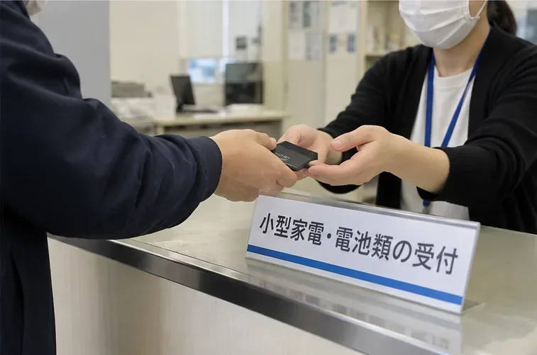 日本の公共施設の受付カウンターで小型の充電池を職員へ手渡している様子