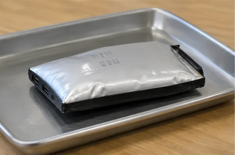 大きく膨張したリチウムイオン電池を金属製のトレー上に置いた状態