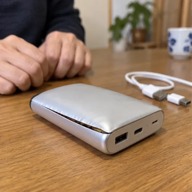 外装が大きく膨らんだ銀色のモバイルバッテリーを机の上で確認している様子