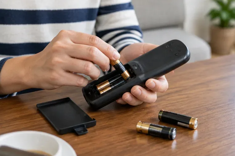 雙手從家用遙控器取出用過的圓筒乾電池，桌面另放著數顆待回收電池