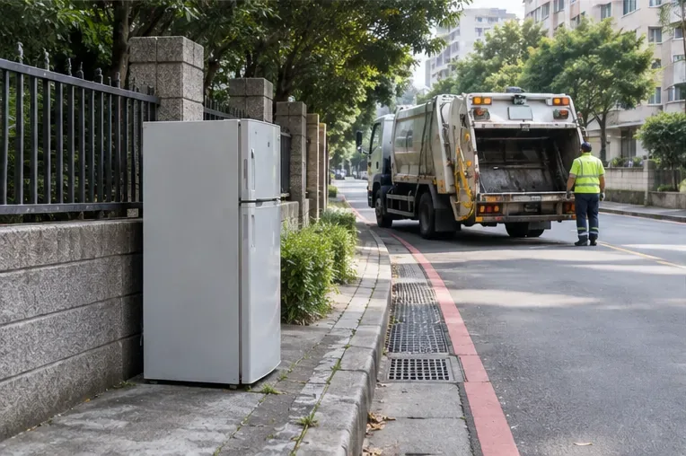 舊冰箱放在住宅外的約定位置，前方道路有清運車與工作人員
