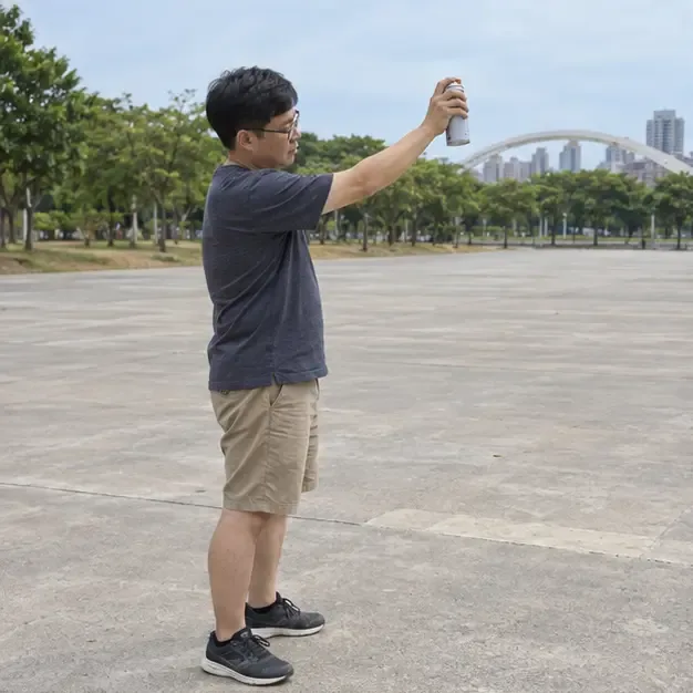 一名民眾站在空曠的戶外空地，手持噴霧罐並朝遠離人群的方向操作