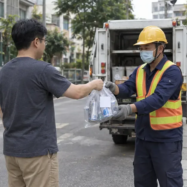 民眾在住宅街道旁把裝有噴霧罐的透明袋交給穿著反光背心的資源回收人員