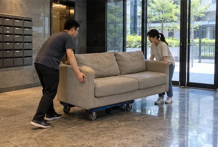 兩位住戶使用家具搬運推車，將沙發從大樓大廳往出口移動。