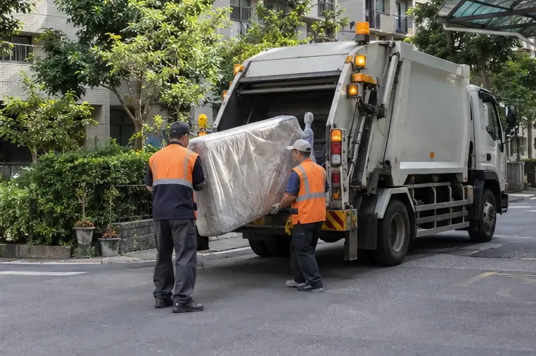 市政清運車旁的工作人員正在搬運包覆好的床墊，住宅街道保持整潔且沒有阻塞車道