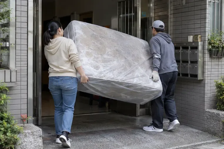 兩名成年人把包覆好的床墊從公寓入口小心搬向住宅外部，未阻擋信箱與通道