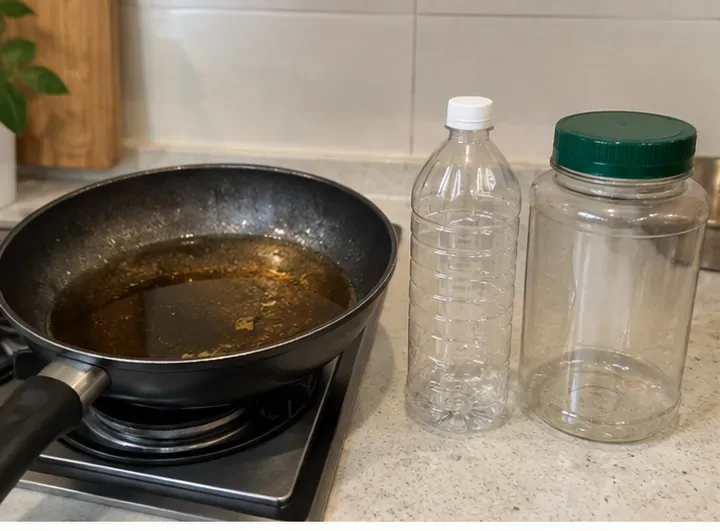 新竹市家戶廚房中，平底鍋內留有使用過的食用油，旁邊準備空寶特瓶與廣口容器