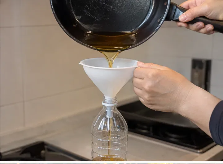 已冷卻的廢食用油透過漏斗倒入透明寶特瓶，準備密封回收