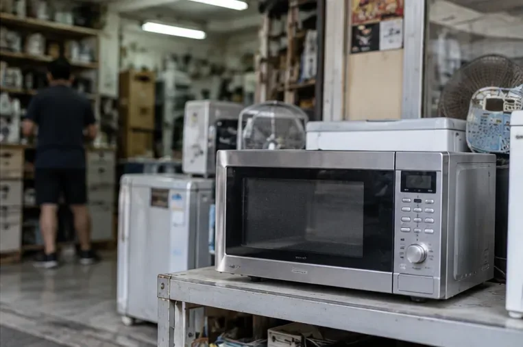 一台銀色微波爐放在家電維修與中古電器店的工作檯上，周圍可見其他家電